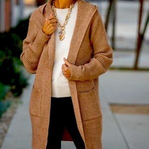 TALULAH Ribbed Hooded Long Cardigan in Camel